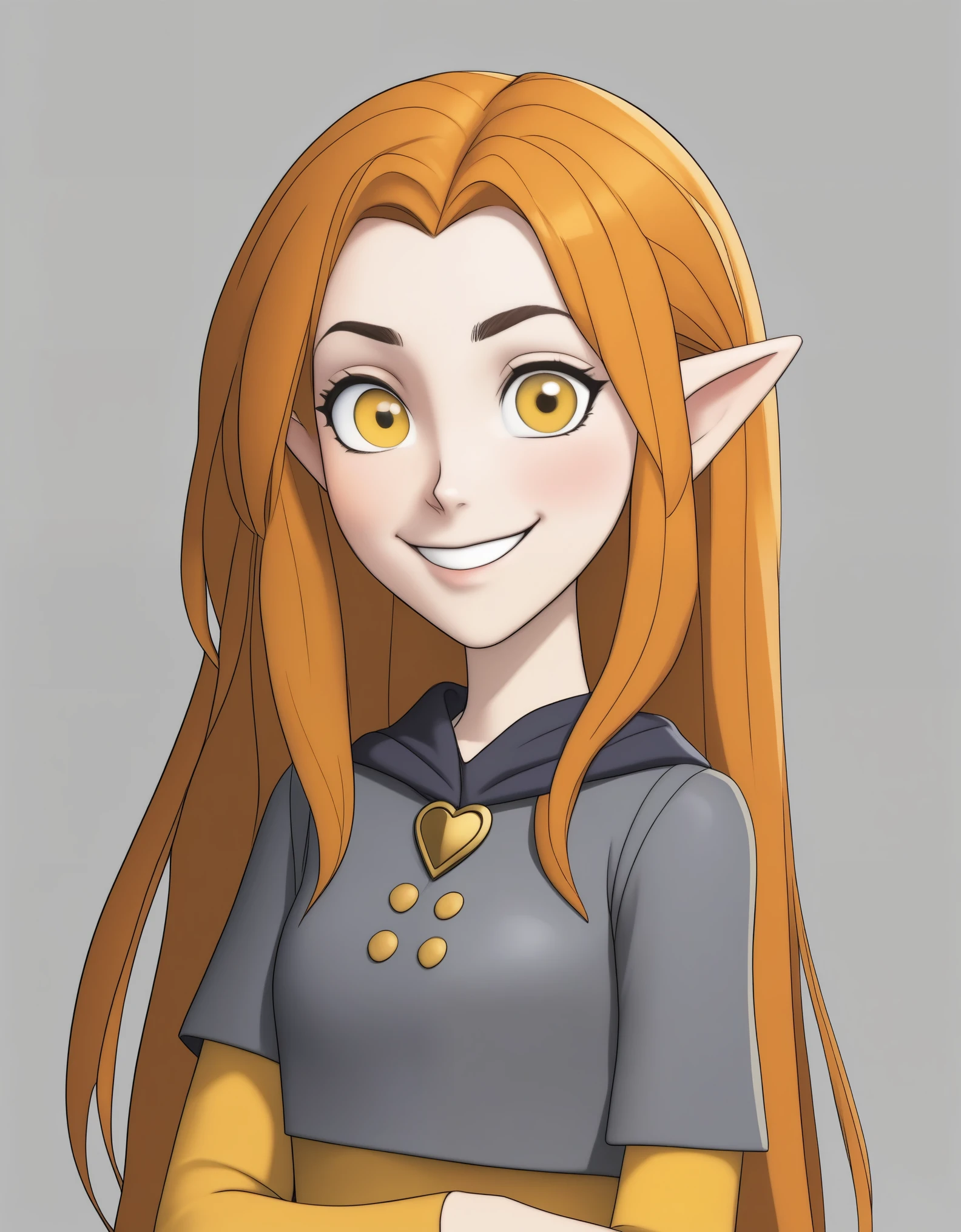 1girl, eda clawthorne, orange hair, long hair, yellow eyes, pointy ears, , capelet, grey skirt, yellow sleeves, yellow leggings, smile, looking at viewer, arms behind head, white background, grey shirt,