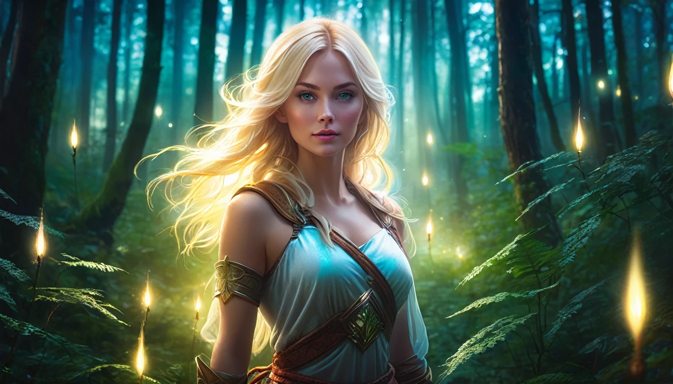 blonde woman lost in the forest, magic lights in hand, beautiful warrior