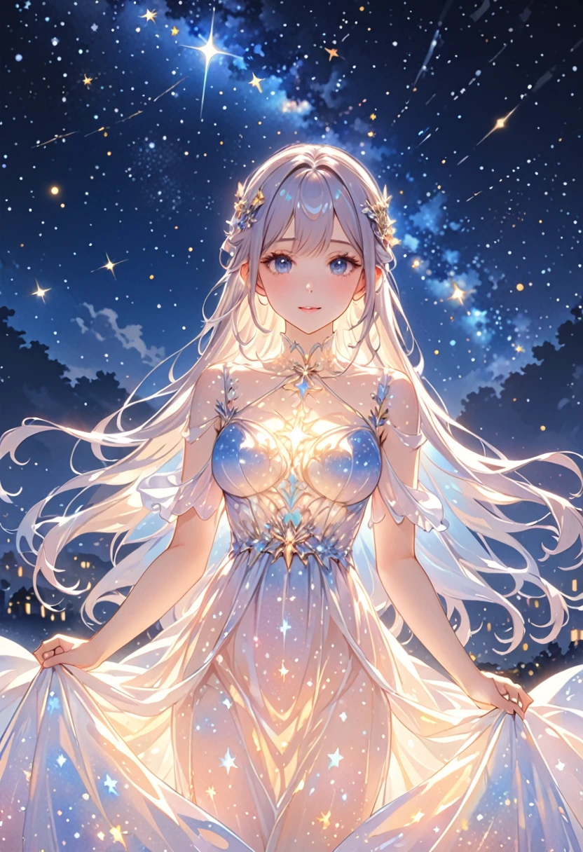 (Masterpiece,best quality,absurdres,4k,8k,highres:1.3), girl wearing an ethereal translucent dress made of starry_sky_print, magical, fantasy, whimsical, complex drawing, highly detailed, ethereal, starry night, vibrant,ai-generated