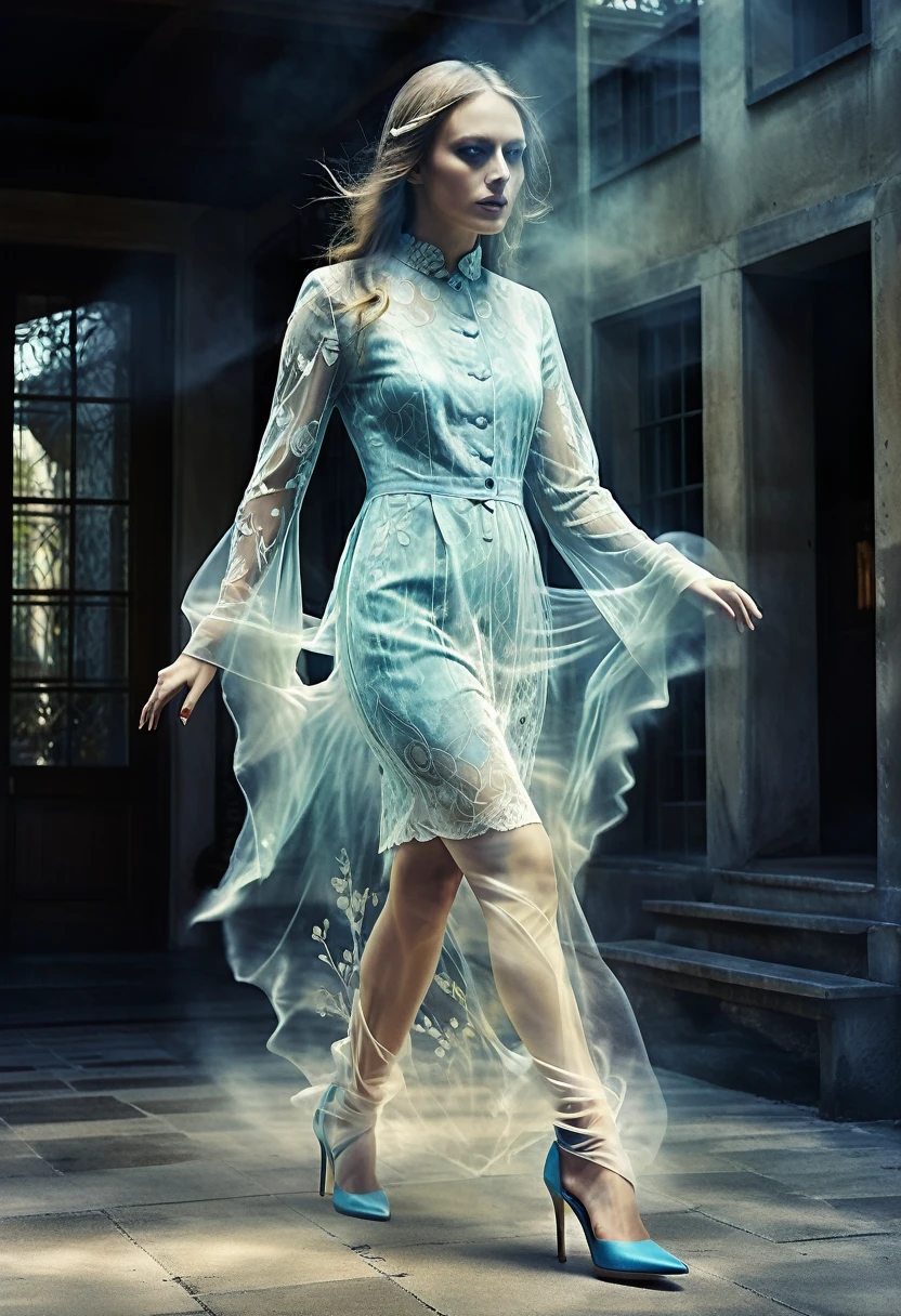 double exposure photo illustration, A lady, a ghost maiden (transparency effect of the images of a ghost spirit facing her), perfect mix, texture and pattern, ((transparency effect 0.75)), iconic walking posture, high-heels, dramatic shadows, dramatic lights, intertwined elements, transparent image facing her, left side view, Fantasyart, two tone, manipulated digital photo art of opposing opponent, hyperrealisti, ultra detali, sharp clarity, hight contrast, Bright Environment, Rich textures, intricate patterns, bright coloured, cinematic lighting, photorrealistic, precise anatomical proportions.