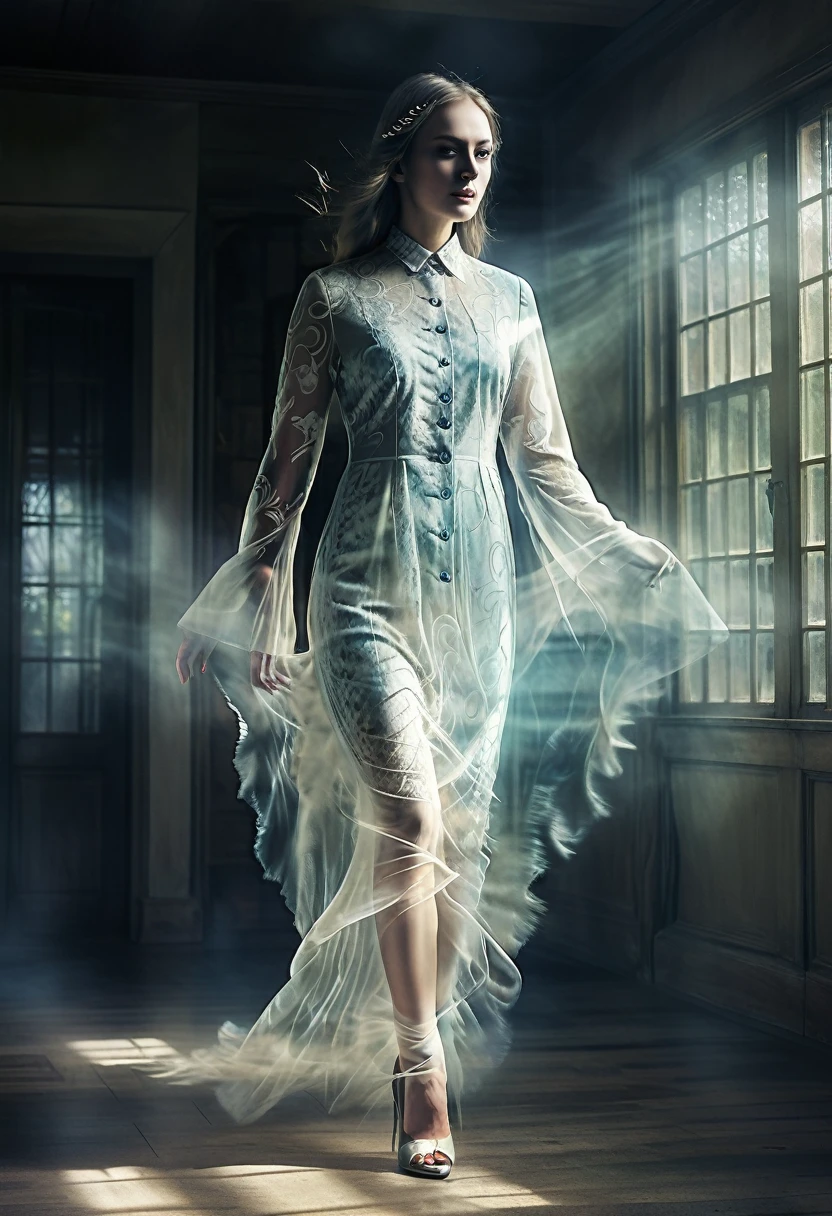 double exposure photo illustration, A lady, a ghost maiden (transparency effect of the images of a ghost spirit facing her), perfect mix, texture and pattern, ((transparency effect 0.75)), iconic walking posture, high-heels, dramatic shadows, dramatic lights, intertwined elements, transparent image facing her, left side view, Fantasyart, two tone, manipulated digital photo art of opposing opponent, hyperrealisti, ultra detali, sharp clarity, hight contrast, Bright Environment, Rich textures, intricate patterns, bright coloured, cinematic lighting, photorrealistic, precise anatomical proportions.