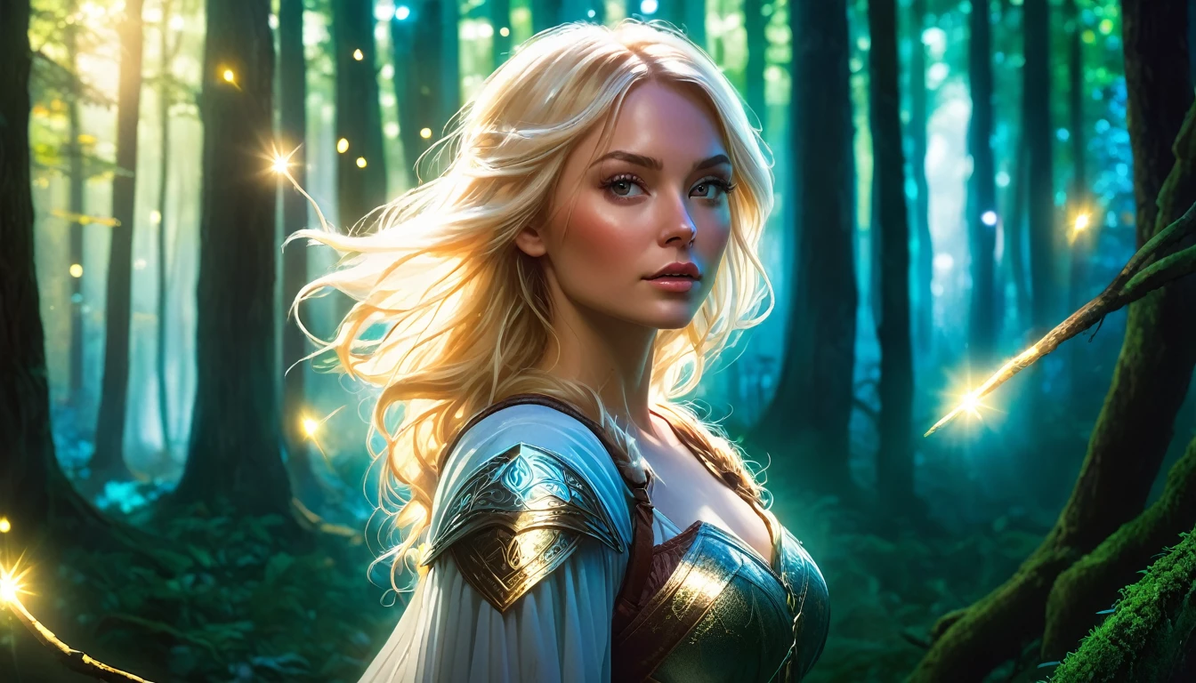blonde woman lost in the forest, magic lights in hand, beautiful warrior
