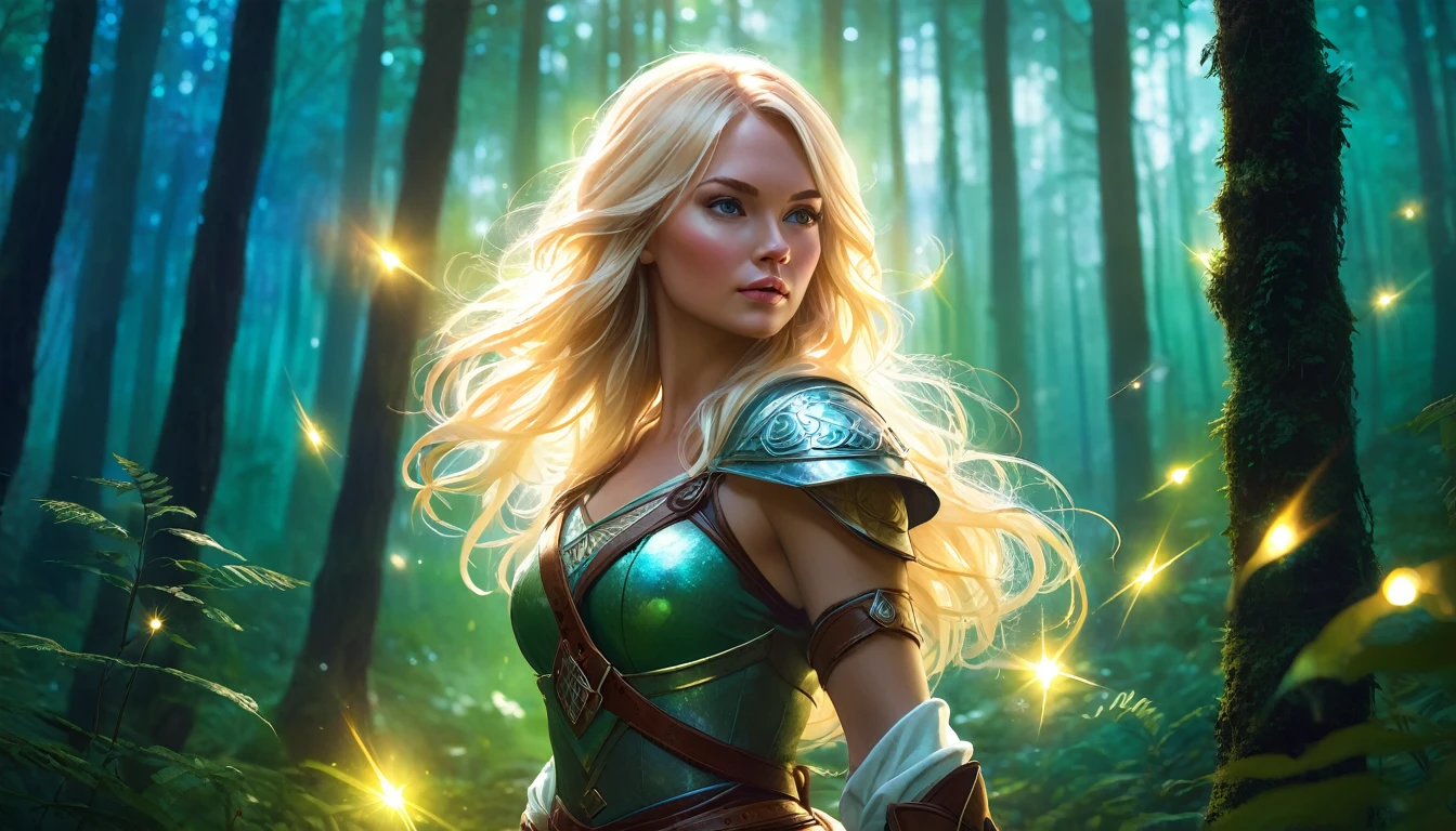 blonde woman lost in the forest, magic lights in hand, beautiful warrior