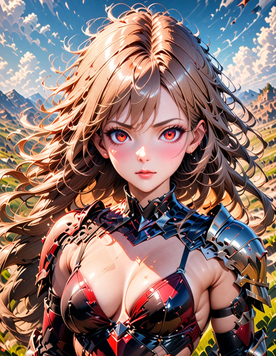 Detailed textures, high quality, high resolution, high accuracy, realism, color correction, correct lighting settings, harmonious composition.1girl, long hair, blonde, red eyes,(ultra detailed eyes), form fitting, cleavage, armor off, melancholic, battlefield, wind blown hair, open field, masterpiece, best quality, very aesthetic, absurdres, newest, ai-generated, intricate details, realistic, photorealistic