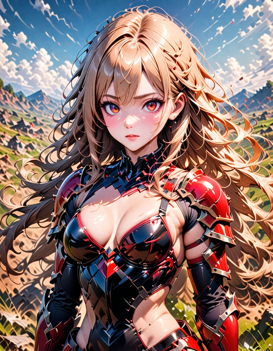 Detailed textures, high quality, high resolution, high accuracy, realism, color correction, correct lighting settings, harmonious composition.1girl, long hair, blonde, red eyes,(ultra detailed eyes), form fitting, cleavage, armor off, melancholic, battlefield, wind blown hair, open field, masterpiece, best quality, very aesthetic, absurdres, newest, ai-generated, intricate details, realistic, photorealistic