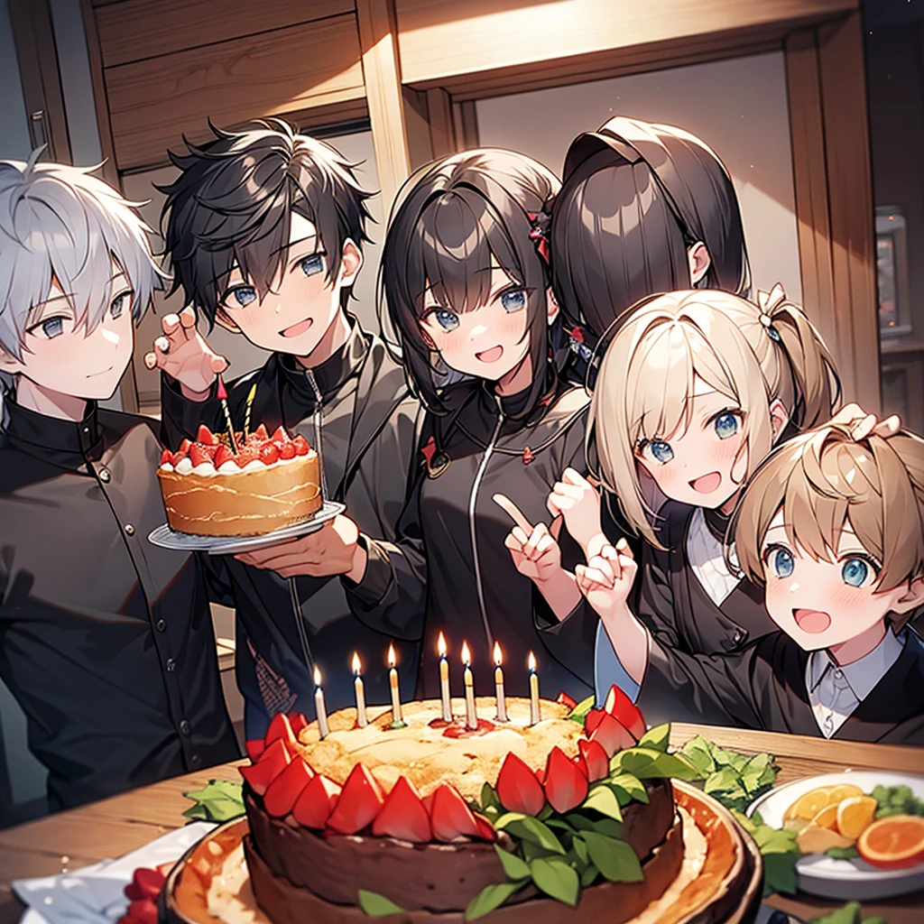 3 boys and 3 girls celebrating the birthday of 1 character together posing for the photo