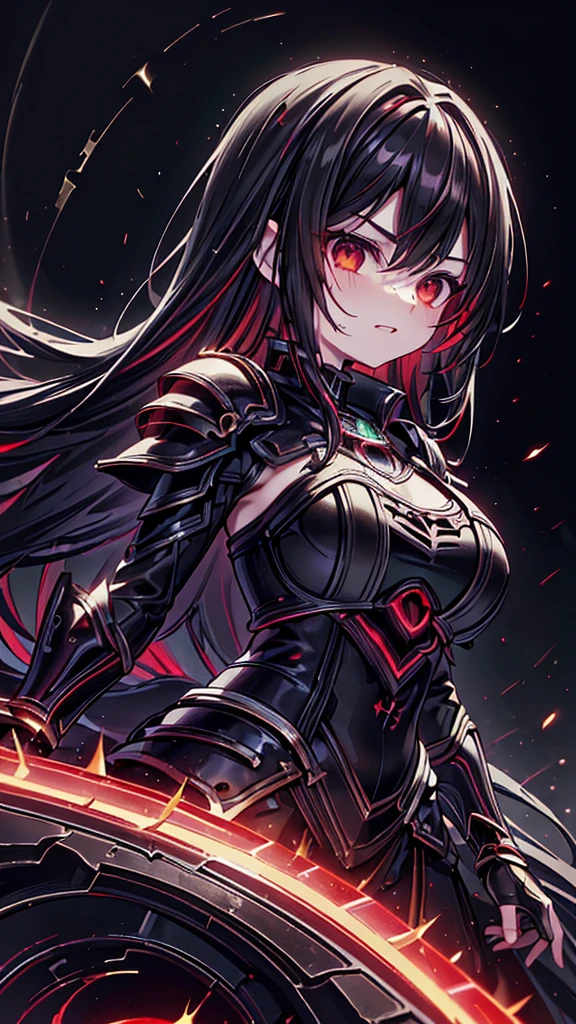 black background, red spotlight, ((lol: 1.2 + Galen: 1.3), realistic art style), HD, dynamic angle, (black hair: 1.2+ white hair: red hair: 1.2 ), long hair, real texture, fine details, green shiny metal armor with large black diamond on chest, summer, front light in the sun, sunset glow, mad ,ulblackholetech