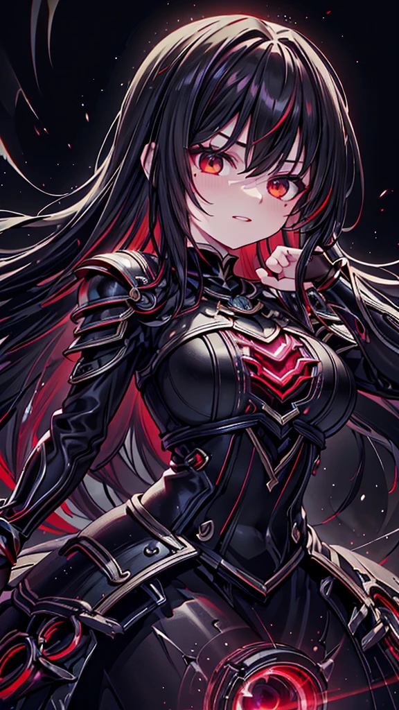 black background, red spotlight, ((lol: 1.2 + Galen: 1.3), realistic art style), HD, dynamic angle, (black hair: 1.2+ white hair: red hair: 1.2 ), long hair, real texture, fine details, green shiny metal armor with large black diamond on chest, summer, front light in the sun, sunset glow, mad ,ulblackholetech