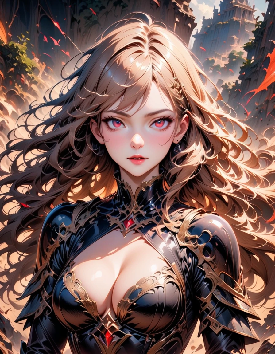 Detailed textures, high quality, high resolution, high accuracy, realism, color correction, correct lighting settings, harmonious composition.1girl, long hair, blonde, red eyes,(ultra detailed eyes), form fitting, cleavage, armor off, melancholic, battlefield, wind blown hair, open field, masterpiece, best quality, very aesthetic, absurdres, newest, ai-generated, intricate details, realistic, photorealistic
