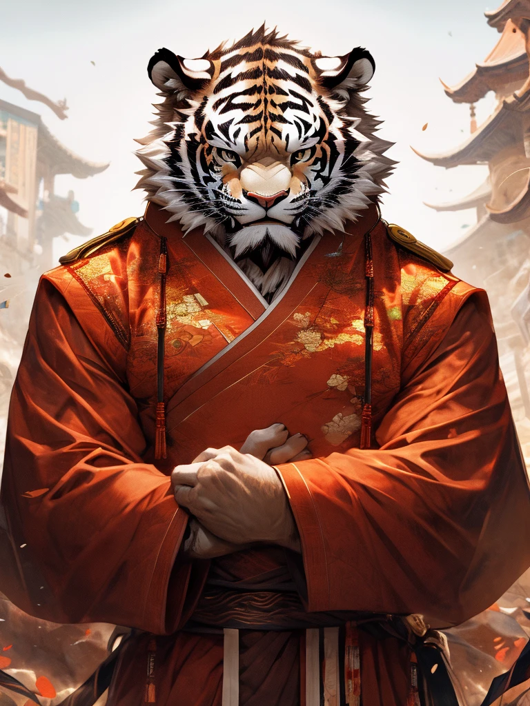 boy, ancient chinese costume, whole body, White Tiger, Clear Face, Clean white background, masterpiece, Super Detail, A magnificent composition, Ultra HD, high quality, Very detailed, Official Art, Uniform 8k wallpaper, Super Detail, 32K