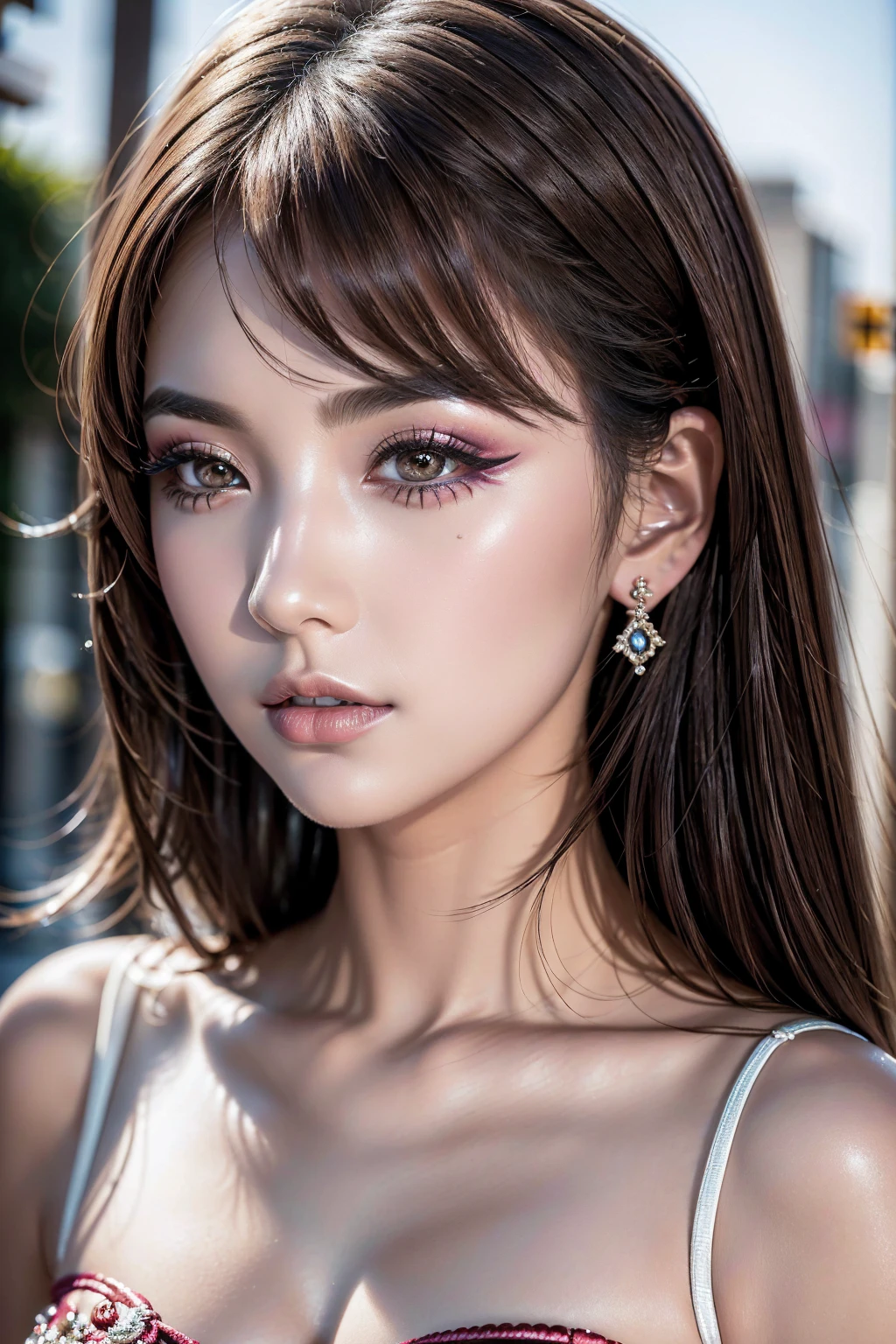 ((ultra high resolution)), ((An improvement of the most absurd quality:1.2)), 16K, (Best Illustration), (light pale complexion), (realistic proportional body, anatomically correct:1.3), photorealistic Realism 8K Quality, (high-res, best high quality), ([long(lashes)|perfect(eyeshadows)]:[|blue|pink]), ((clear no blur and sharp perfect round, realistic brown_eyes:1.25), finely quality eyes), (tired and sleepy and satisfied:0.0), (finely detailed pupils),  masterpiece, 最high quality, high quality, High resolution. BREAK, detailed lips, pink_makeup, long_blue_eyeliner, red_lipstick:1.2, perfect dark_eyeshadows:1.15, ((beautiful sharp-face), extremely detail:1.3), (high detailed Super beautiful slim and cute-face), a significant look at the viewer, ((beyond kiss)), (((Waist-length photo))), ((highly elaborate extravagant microscopic street outfit:1.25)), perfect composition, ((dry skin)), Hasselblad, 85mm f/4.0