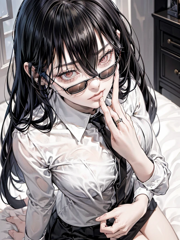 A long black hair girl wears student uniform, on bed, luxury bedroom, detailed background, half-closed eyes, sharp eyes, keen eyes, slanted eyes, siren eyes, black eyes, (contemptuous), (judging), evil eyes, glossy lips, unbothered expression, judging expression, (judging), (arrogant), arrogant expression, evil girl, mean girl, villian, villianess, (elegant), (sexy), (devine), (brilliant), (splendid), tall, (mature), mature face, long face, mature body, rich lady, young lady, smart, honor student, top student, stunning, beautiful, aethereal, (1girl), (pose), posing, full body, (full body), nipples, (luxury bedroom), soft light, detailed(glow and shadow), cinematic lighting, highest quality, extremely detailed, masterpiece
