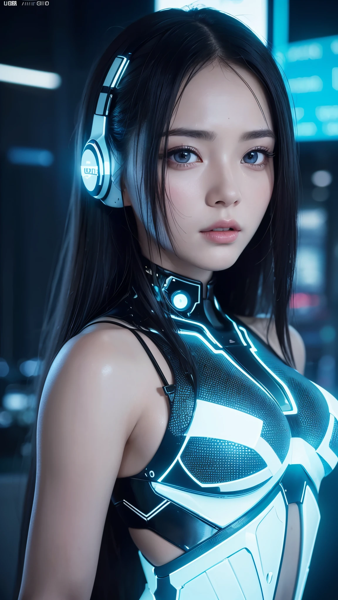 Amazing AI girls in the digital matrix, 1girl, beautiful detailed eyes, beautiful detailed lips, extremely detailed eyes and face, long eyelashes, cyberpunk, futuristic, neon lights, glowing interface, holographic display, intricate machinery, digital landscape, vivid colors, cinematic lighting, photorealistic, 8k, high quality, masterpiece, (best quality,4k,8k,highres,masterpiece:1.2),ultra-detailed,(realistic,photorealistic,photo-realistic:1.37)