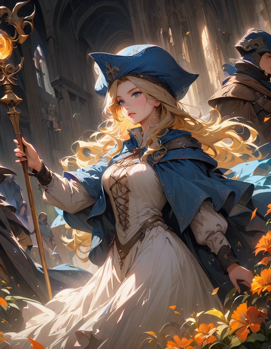 Detailed textures, high quality, high resolution, high accuracy, realism, color correction, correct lighting settings, harmonious composition. an image art of a blonde women dressed in medieval garbs, blonde hair, blue eyes, long hair, hat, solo focus, bow,ArtoriaCaster2, 1girl, blonde hair, cape, long sleeves, bow, green eyes, buttons, white dress, staff, blue headwear ,Ultra details++ , add more details,creationmagic,ethereal creation,fragmented construct,particles stream