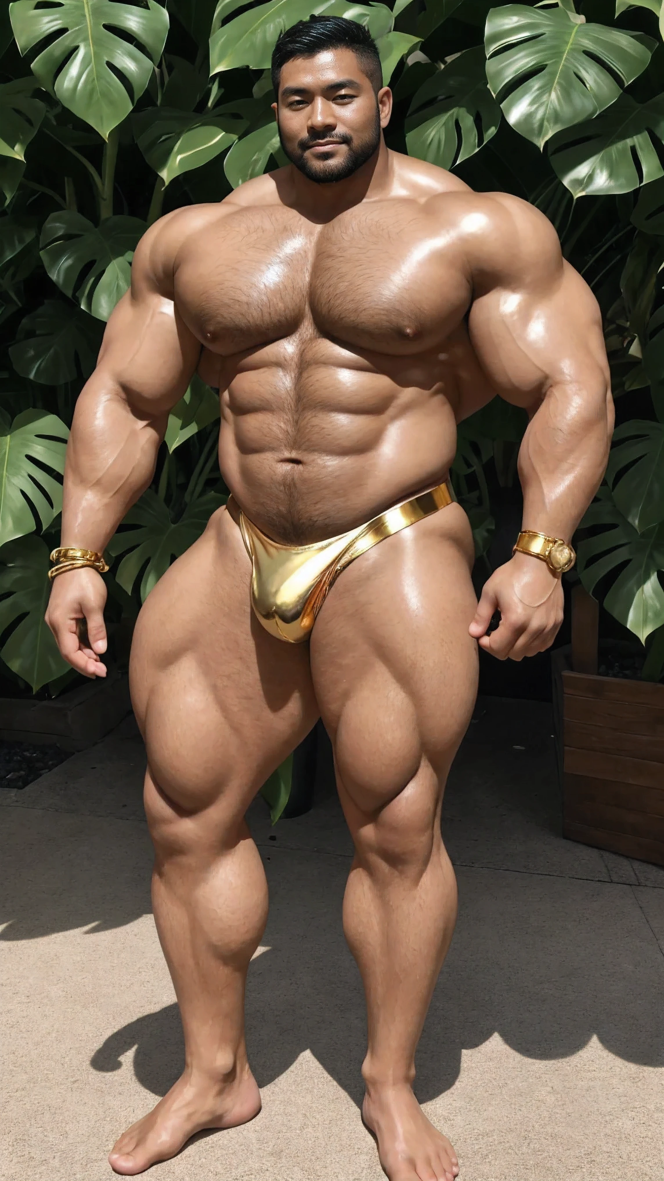 There is only one handsome Chinese man in the photo,35 years old,tall, Fitness,Smooth body,Smooth skin,No chest hair,short hair, O-Shaped Beard,Perfect body, Dark skin color,Radiant Skin,Smooth skin,Shiny, shiny skin,Smooth pectoral muscles,Muscle bulge, muscular, Very large pectoral muscles,Very sexy abdominal muscles,Very well-developed leg muscles,Huge concave and convex area,Brightens oily skin,Wearing a shiny gold leather thong,Handsome face,Normal human toes,Correct and accurate male body proportions,Gold bracelet,Gold anklets,Standing in front of Monstera leaves。