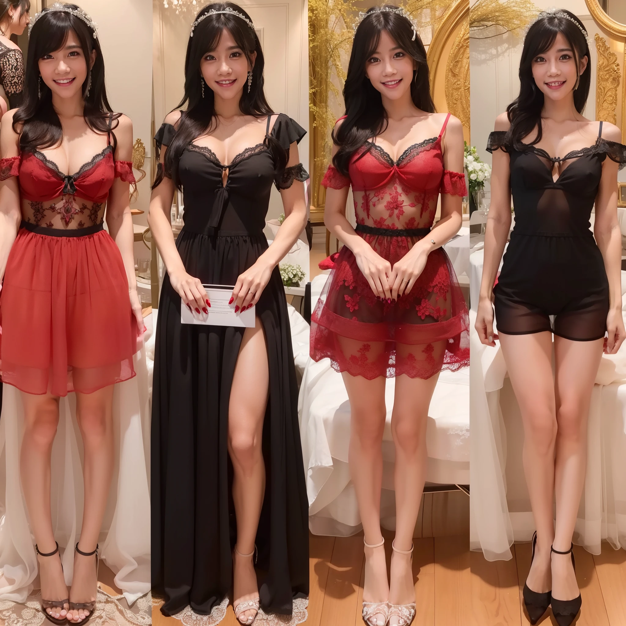 a beautiful woman in smile, mini transparent black lingerie, g-string, cleavage, breast, long black hair with bangs, smiling, beautiful detailed eyes, beautiful detailed lips, extremely detailed face, long eyelashes, red nails, photorealistic, 8k, best quality, ultra-detailed, realistic, vivid colors, studio lighting, physically-based rendering