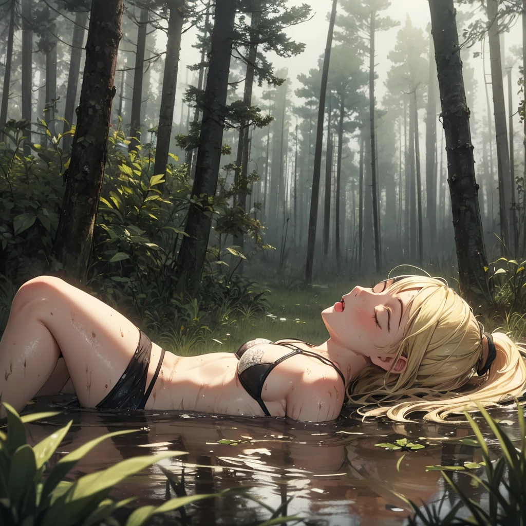 Solo, 1girl, drowned in mud, bog, grass, trees, muck, orgasm, looking up, eyes closed, mouth open, stormy overcast weather, Solo, From Side, blonde hair in ponytail, wearing black bra, dirty, muddy,