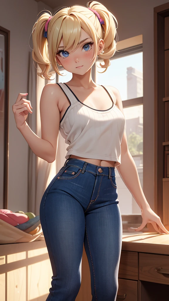 (masterpiece), (4k), ) (vivid colors), (evening light) 15 year old blonde woman, two bobble pigtails, dressed like a teenager with a seductive pose and look, flat chest, wears short jeans and sexy wool top