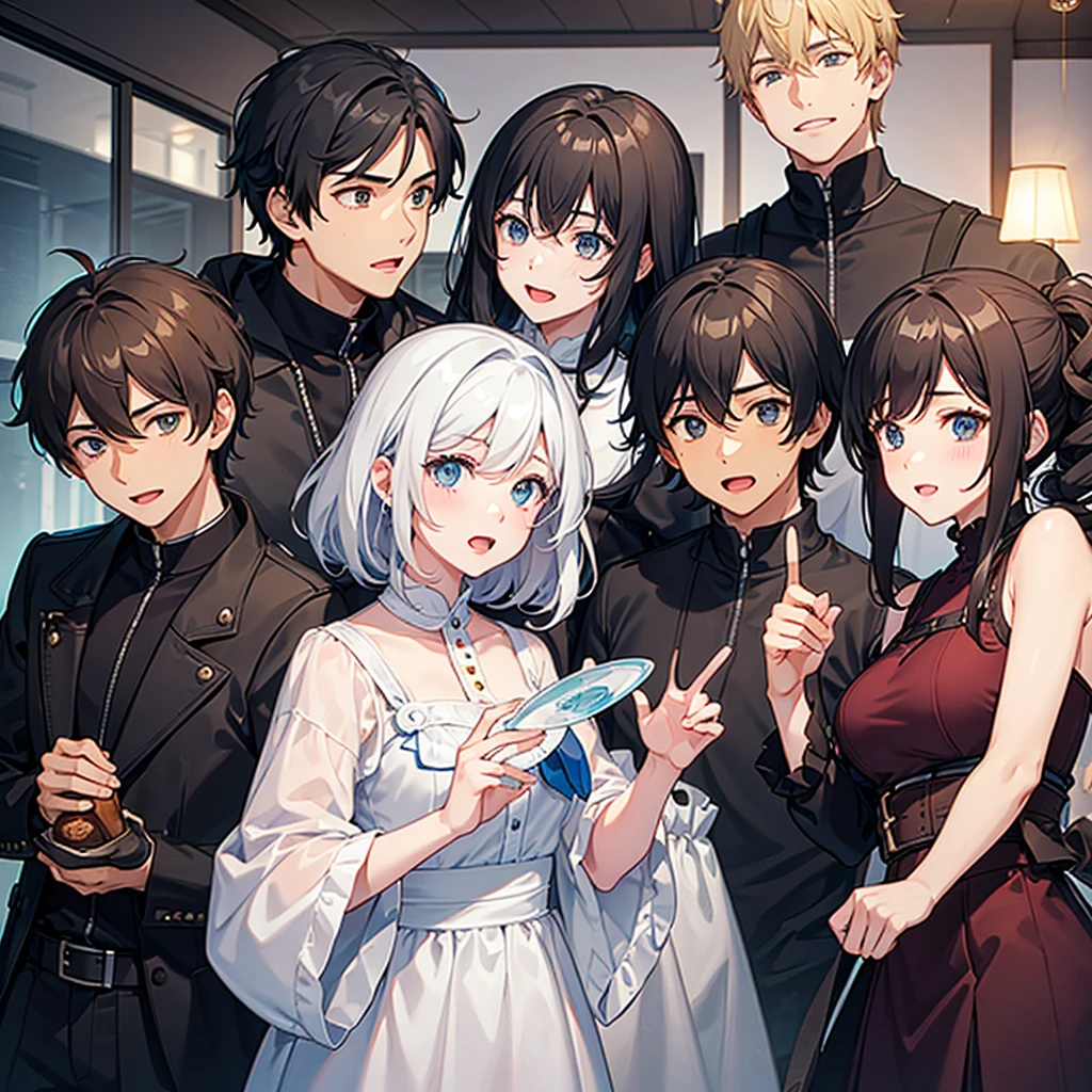 3 boys and 3 girls celebrating 1 character&#39;s birthday together posing for a photo in swimsuits