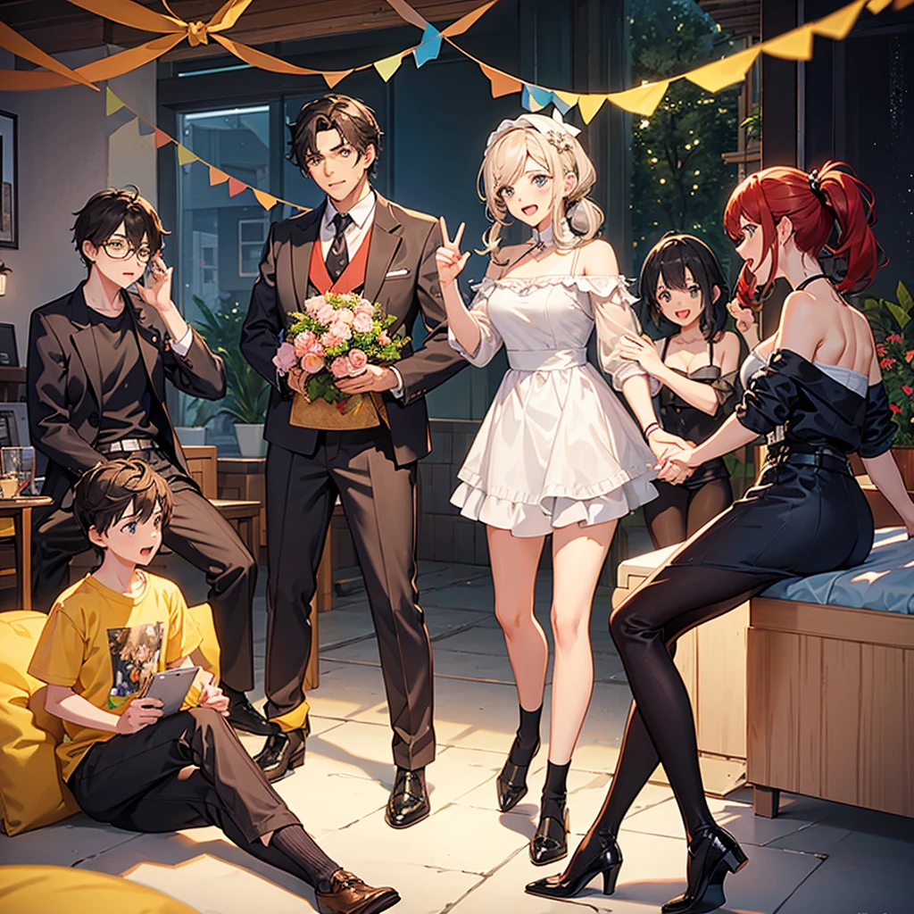 3 boys and 3 girls celebrating 1 character&#39;s birthday together posing for a photo in swimsuits