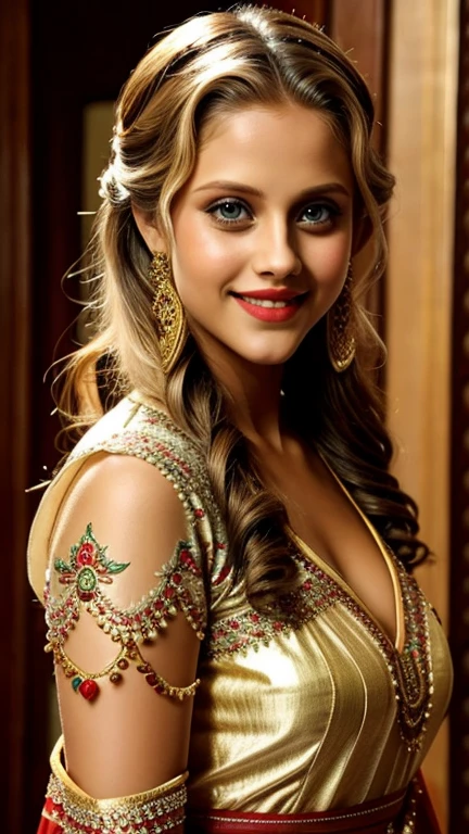 Teresa Palmer dressed in sexy traditional Bangladeshi clothing with painted lips and smiling