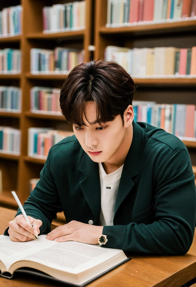 Jeon jungkook studying hard at a library