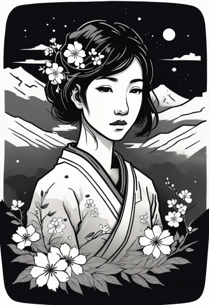 sakura, Japanese style, black and white, illustrative style, woodblock print, traditional Japanese tattoo