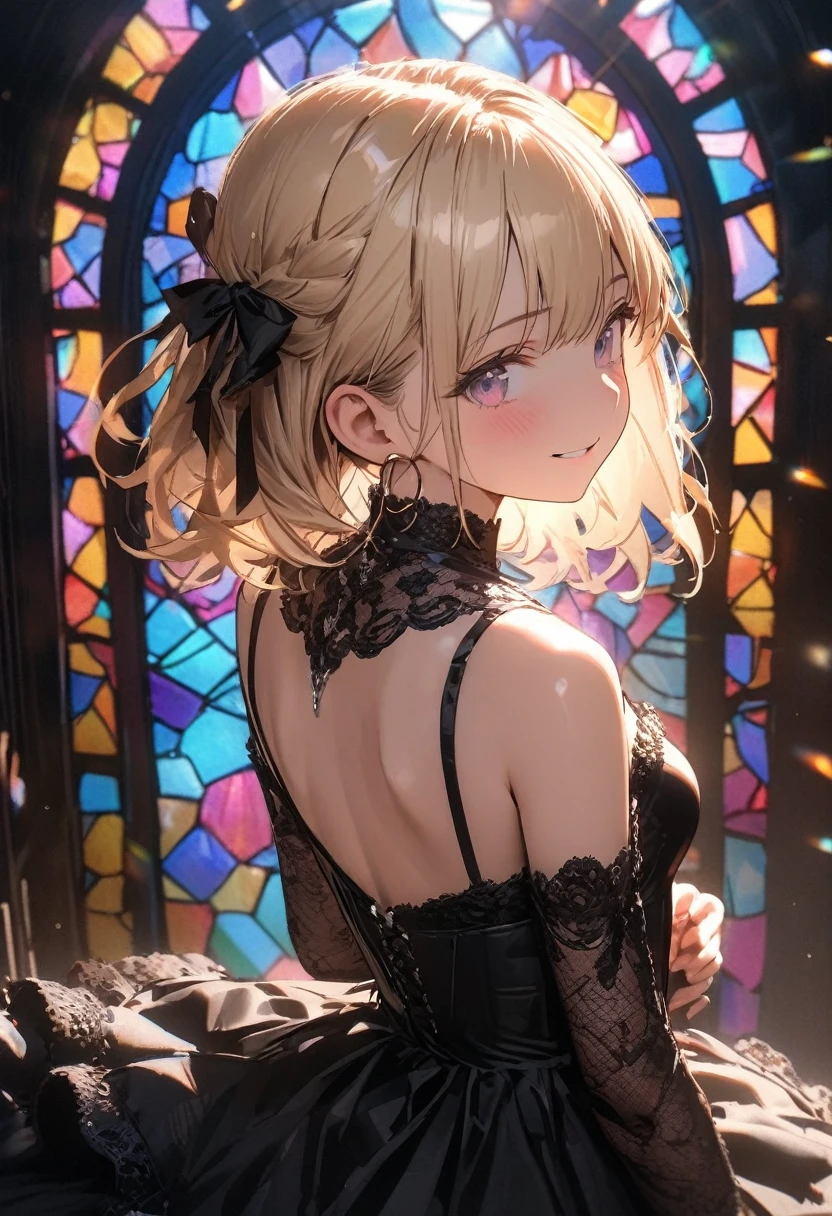 ((Masterpiece)), ((best quality)), ((kawaii)), ((extremely detailed)), (sketch:0.3), (RAW photo:1.2), (8K), (High Definition:1.3), (Professional Photography:1.2), cinematic lighting, (very aesthetic:1.2), (absurdres:1.2), (sharp focus), (perfect light), from behind, (()), cute teenage girl, sad smile, (hoop dress), (Ruffled Dress), (lace), small breast, Super intricate lace pattern, colorful lace pattern, (stained glass background), kaleidoscope, light-up, bustier, open back, sexy posing, (pale blonde hair),