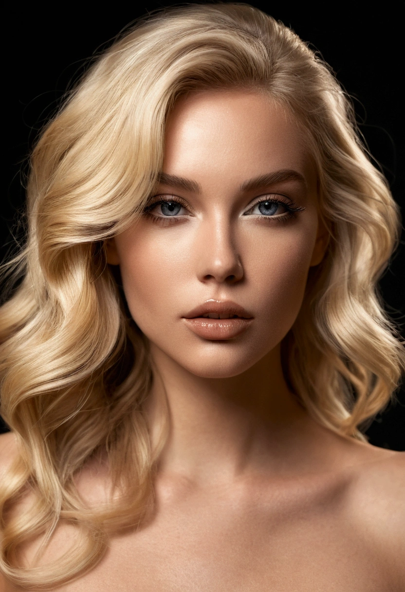 ((en direct 2D)) Femme blonde, sensuelle, cheveux longs ondulés , les yeux bruns clairs, femme chic, nue