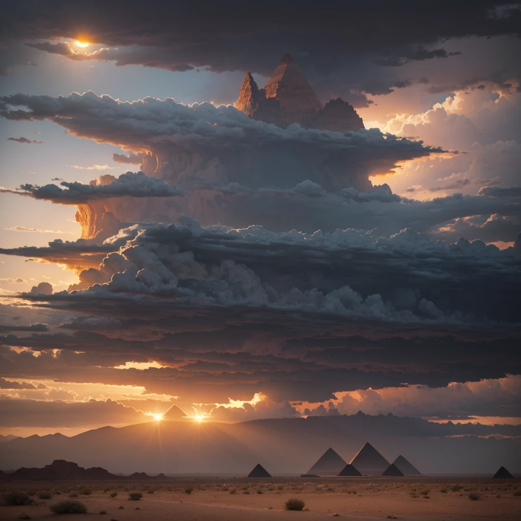 a majestic desert landscape with pyramids, a storm brewing in the distance, the sun obscured by haze, a distant city on the horizon, dramatic clouds, dramatic lighting, hyperrealistic, cinematic, epic, muted color palette, dramatic atmosphere dramatic coloring