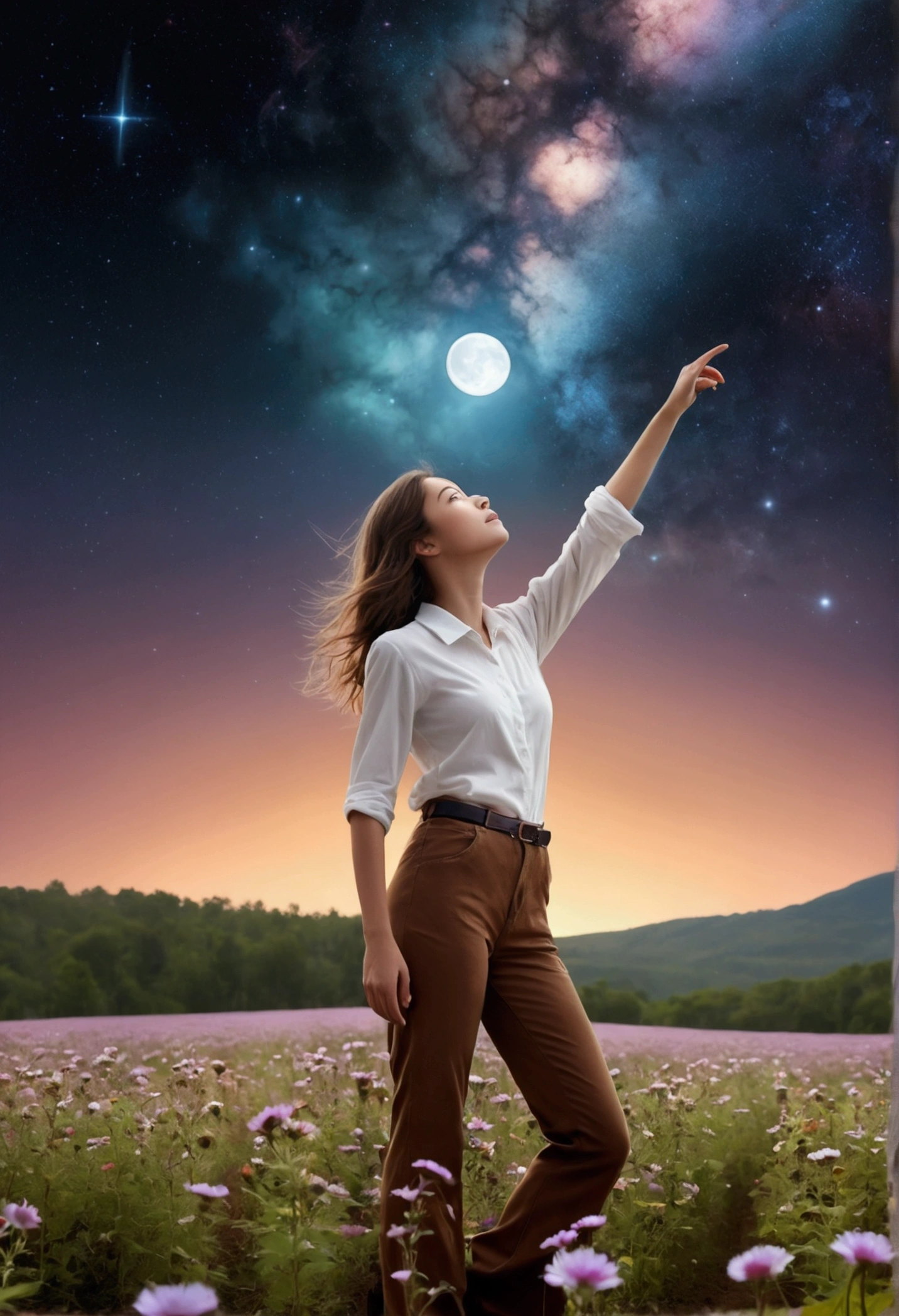 expansive landscape photograph , (a view from below that shows sky above and open field below), a girl standing on flower field looking up, (girl wearing white shirt and brown pants), (full moon:1.2), ( shooting stars:0.9), (nebula:1.3), distant forest, intricate details, volumetric lighting BREAK
(masterpiece:1.2), (best quality), 4k, ultra-detailed, (dynamic composition:1.4), (glowing lighting, atmospheric lighting), dreamy, magical, (solo:1.2)