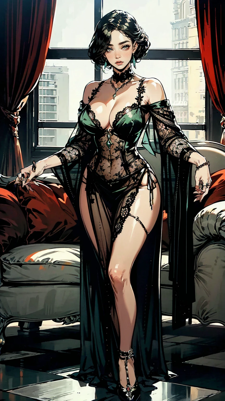(ultra-detailed, photorealistic, best quality, 4k, highres, masterpiece:1.3), Madame Seraphina Valenforde, age 30, with long, flowing raven-black hair styled in an intricate updo adorned with jeweled pins, deep emerald green eyes, fair complexion with a small beauty mark just below her left eye, wearing a provocative and seductive outfit made from luxurious velvet and lace, featuring a plunging neckline and a corset-style bodice that accentuates her figure, the gown has sheer lace panels and a high slit in the floor-length skirt, exquisite jewelry including a choker necklace with a large emerald pendant, intricate earrings, multiple rings on her fingers, holding a delicate, lace-trimmed fan, opulent interior of her brothel in the background, rich decor, plush furnishings, warm and inviting atmosphere, reflecting her elegance, charm, and the power she wields in the city of Eldoria Prime, (intricate detail, super finely detailed hands, ultra finely detailed fingers, full body showcase, show full body).