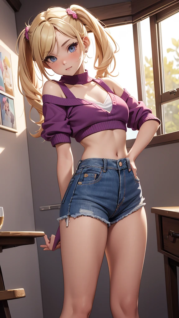 (masterpiece), (4k), ) (vivid colors), (evening light) 16 year old blonde woman, two bobble pigtails, dressed like a teenager with a seductive pose and look, flat chest, wears short jeans and sexy wool top