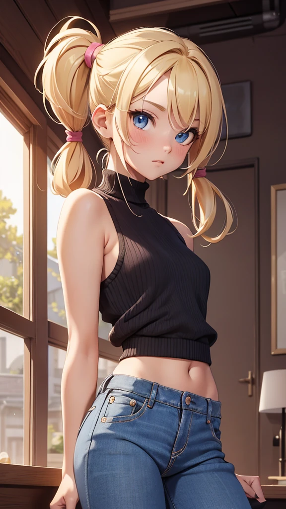 (masterpiece), (4k), ) (vivid colors), (evening light) 16 year old blonde woman, two bobble pigtails, dressed like a teenager with a seductive pose and look, flat chest, wears short jeans and sexy wool top