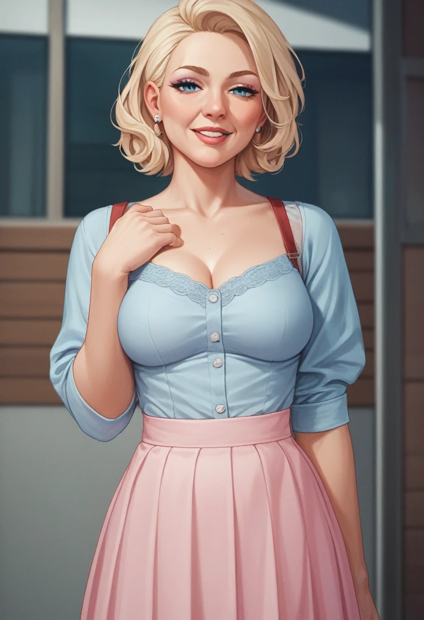 High-resolution photo of a -yeld wo dressed in a light pink skirt and a light blue blouse.