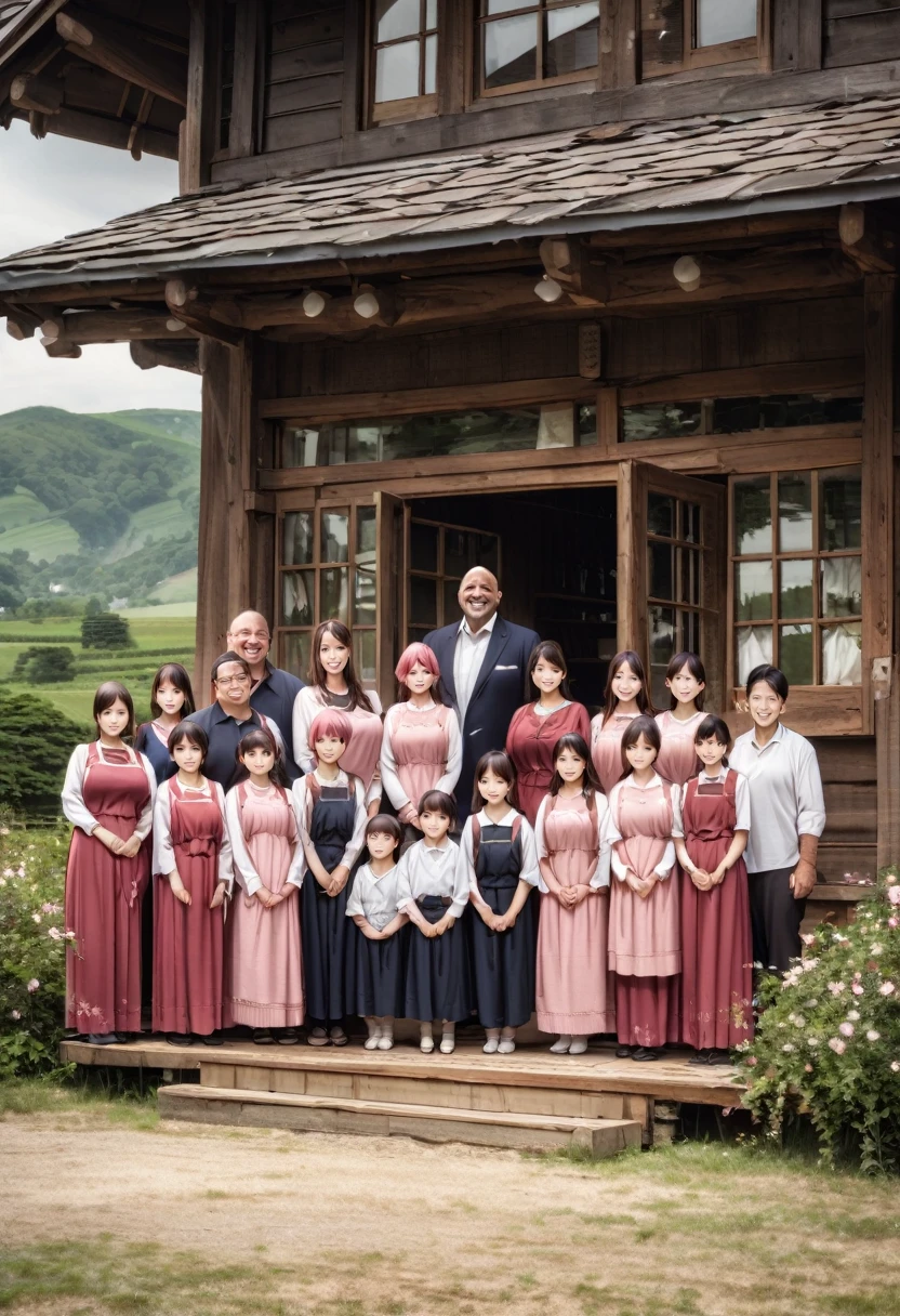 big family、10 pink haired women around a fat middle-aged man、Girl、Commemorative photo taken in front of a large house、whole body、landscape、