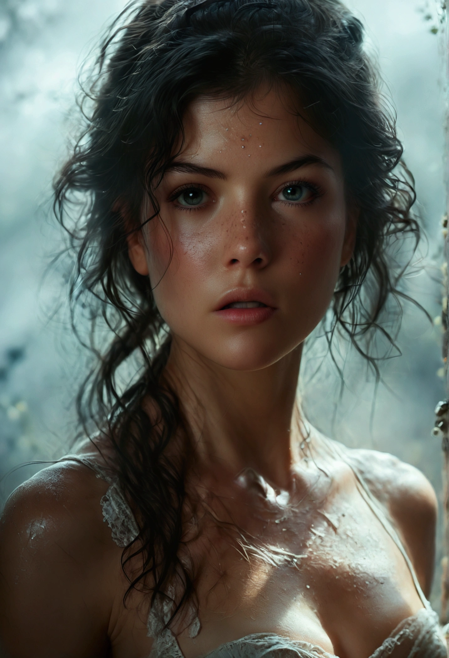 (best quality, High resolution, masterpiece, overhead view:1.20),ultradetailed, (Full body:1.5), standing:1.2, marie avgeropoulos, Height 162cm, Body weight 46kg, 20 age old, female warrior, topless , asymmetrical bangs, freckles, black hair, big curls, Long hair, dark eyes, posing lasciviously, gloomy ecstasy, dark atmosphere, mysterious aura, provoking Pose, strong emotions, through urgent look, intense shadow, Foggy background, Subtle color palette, rough terrain, threatening mood, A supernatural sensation,