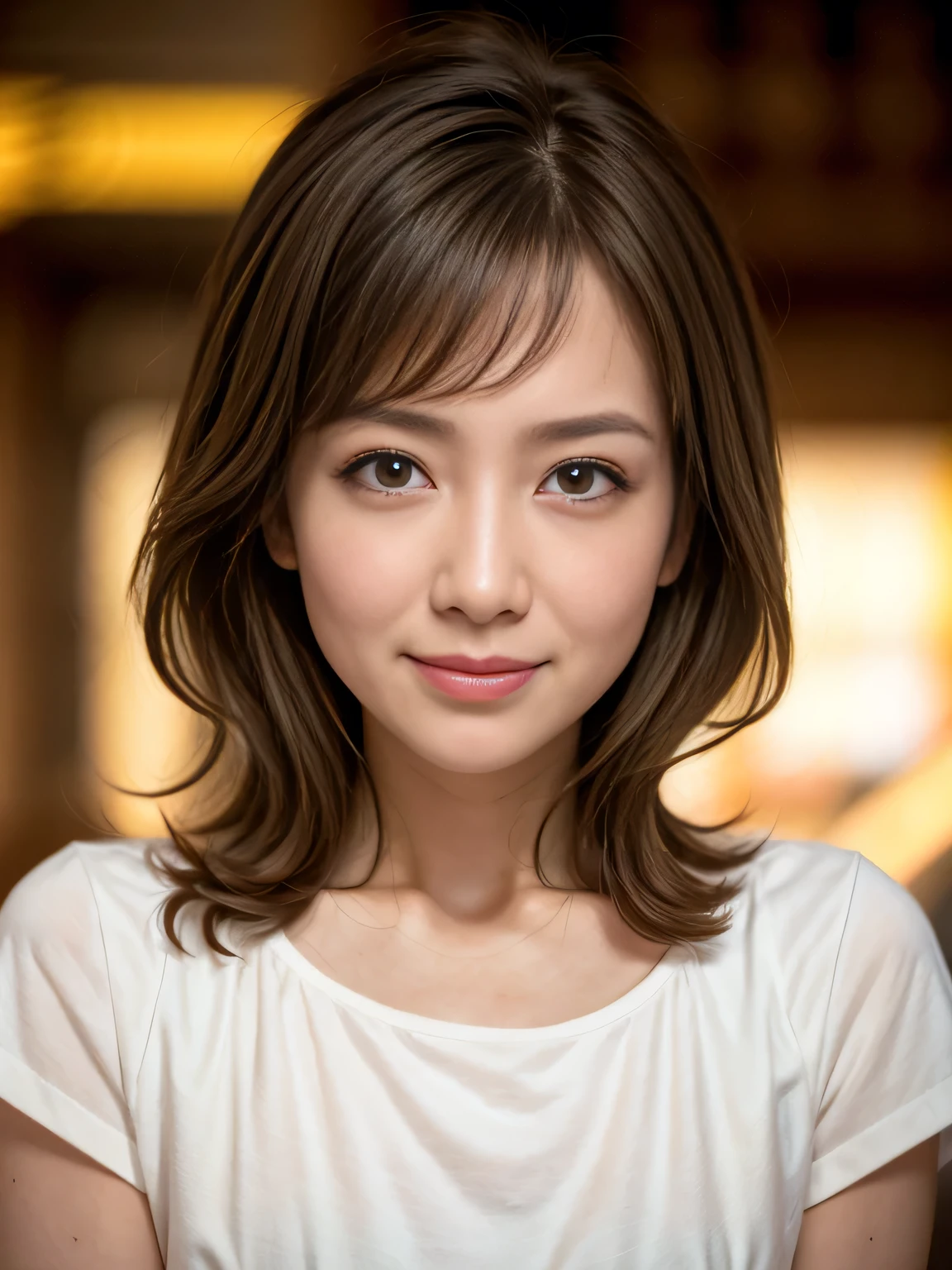 depth of field, cinematic lighting, uhd, masterpiece, anatomically correct, textured skin, 8k, Detailed eyes、Detailed face、Detailed expression、Cowboy Shot、One Japanese woman、Age 35、Light Brown Hair, Asymmetrical straight medium length hair、 Dark brown eyes、Facing the camera、Bright smile、Plain white T-shirt、Watching the audience、Cafe、