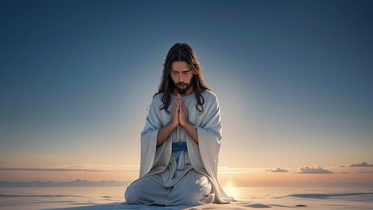 High definition image of Jesus Christ praying. The image must portray Jesus in a serene and contemplative way, with hands clasped in prayer and eyes closed. He must be dressed in his traditional white robes and a blue cloak. The background must be a natural setting, with a sky at dawn, showing a soft golden glow on the horizon. Jesus&#39; expression must convey peace and devotion. Use soft colors and realistic details to bring the scene to life.