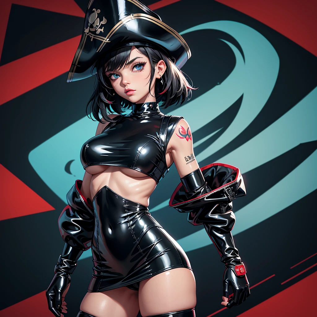 1_girl, solo,curvasious. short, black hair. She has aqua blue eyes. wearing a pirate hat. tatoos on the side of her left thigh. Heart tatoo on her right breast. Wearing a black latex mini dress and mini skirt. latex shiny knee high boots. black long latex gloves.red explosion and red aura background. upper body