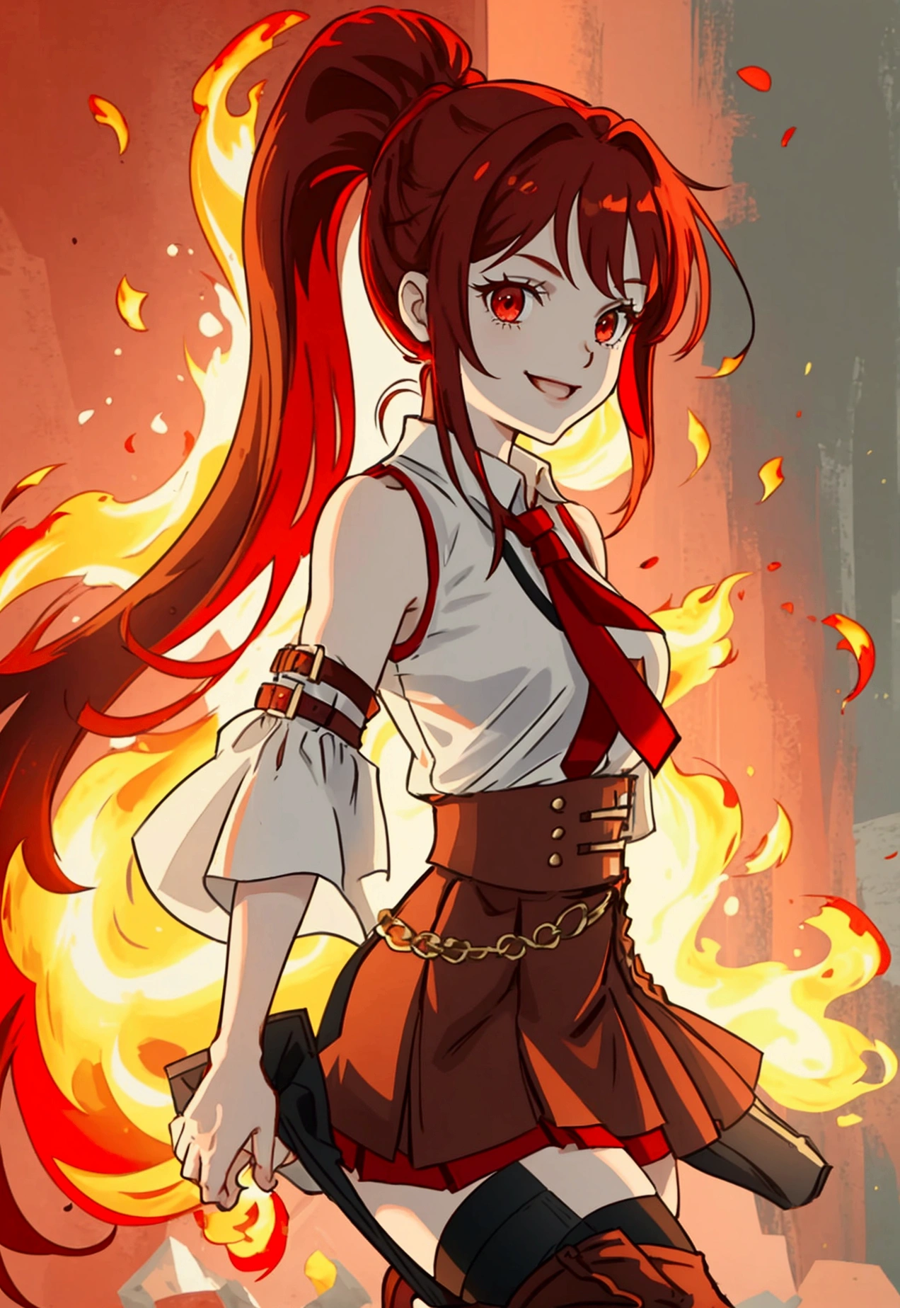 20 years old, long red hair, wears a ponytail, red eyes, always smiling. She dresses in an antique style, wearing a short brown skirt with black shorts underneath, ending above the knees. She wears knee-high brown boots. Her white blouse is sleeveless and features red details. She possesses fire powers and has a fire-themed background."