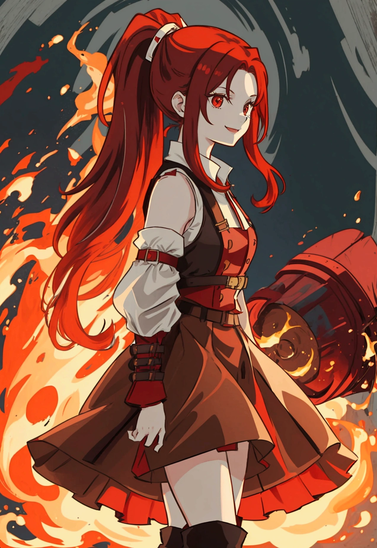 20 years old, long red hair, wears a ponytail, red eyes, always smiling. She dresses in an antique style, wearing a short brown skirt with black shorts underneath, ending above the knees. She wears knee-high brown boots. Her white blouse is sleeveless and features red details. She possesses fire powers and has a fire-themed background."