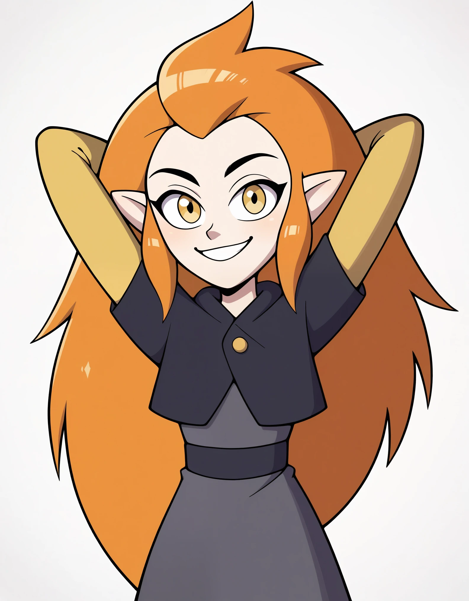 1girl, eda clawthorne, orange hair, long hair, yellow eyes, pointy ears, , capelet, grey skirt, yellow sleeves, yellow leggings, smile, looking at viewer, arms behind head, white background, grey shirt,