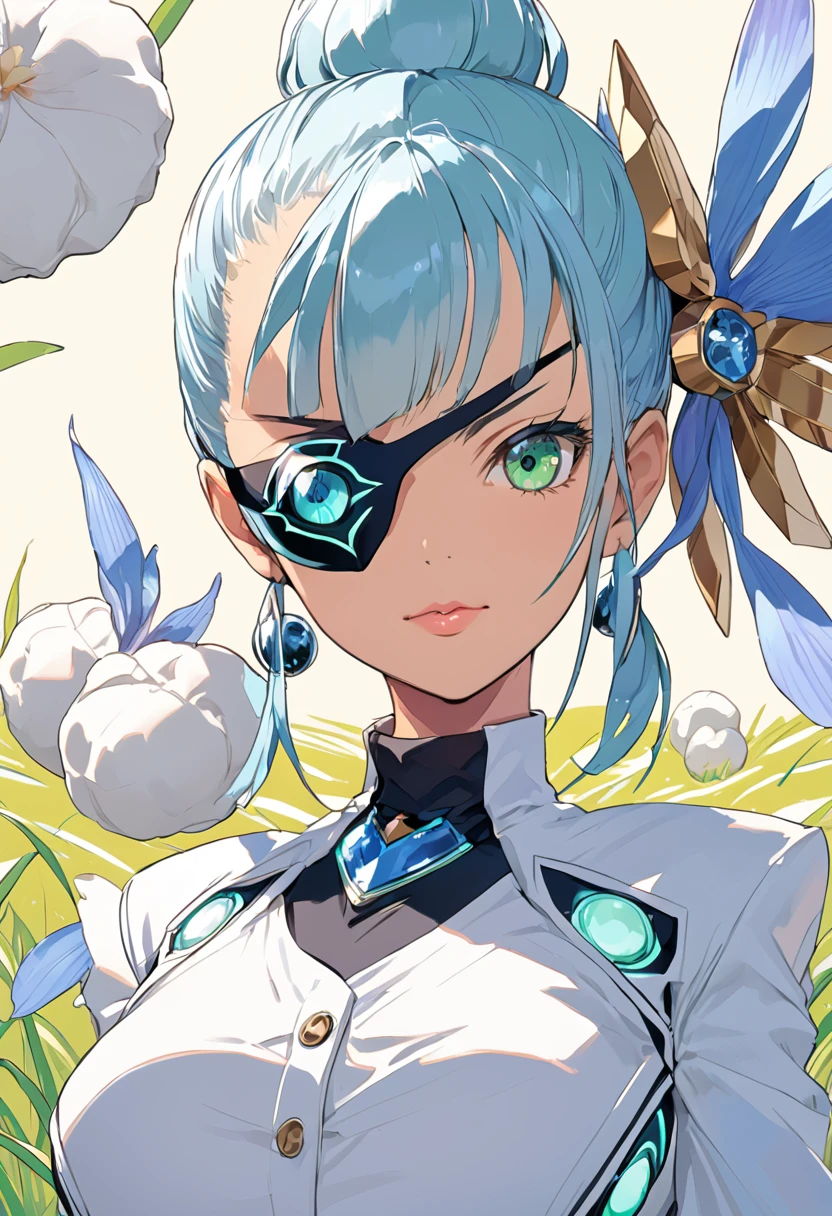 Mikumari \(Xenoblade\)masterpiece, Highest quality, ((1 person)),Blue Hair,Green Eyes,Serious expression, smile,Upper Body,Line art,Medium Hair,White blazer,Black T-shirt,Big Breasts,Bunhead,Two dumplings,Black Mask, Expressionless blue eyes,((Kubo Obito Style)) Detailed face, Face Focus, Are standing, Black Hair,(hair ornaments:1.35),office lady, Sleeves edged with ribbon, Removable sleeves, Ribbon trim, Wide sleeves, (View your audience:1.5) Long Hair, iris, bangs, lips,smile,grassland