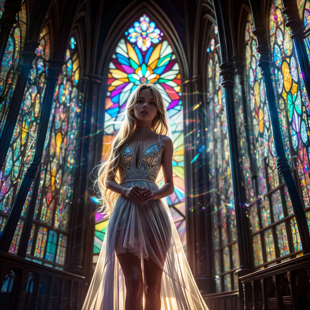 (Cathedral from below:1.28) (ZoomLayer) TopQuality 8K masterpiece of ((Professional photo)), (((Clarisse de Cagliostro))) (Detailed White WeddingDresses), Chain, (((Extremely detailed KAWAII face))) {((VeiledFace))|BlondeHair|(Elaborate BuleEyes)with(SparklingHighlights:1.28)}, The background is distant (((Elaborate stained glass))) Rainbow Glass, {(MysticSight)|EnchantingAtmosphere|Haze|(GodRays)|TyndallEffect}, Radiant PearlSkin with Transparency, (Exposed:0.39)