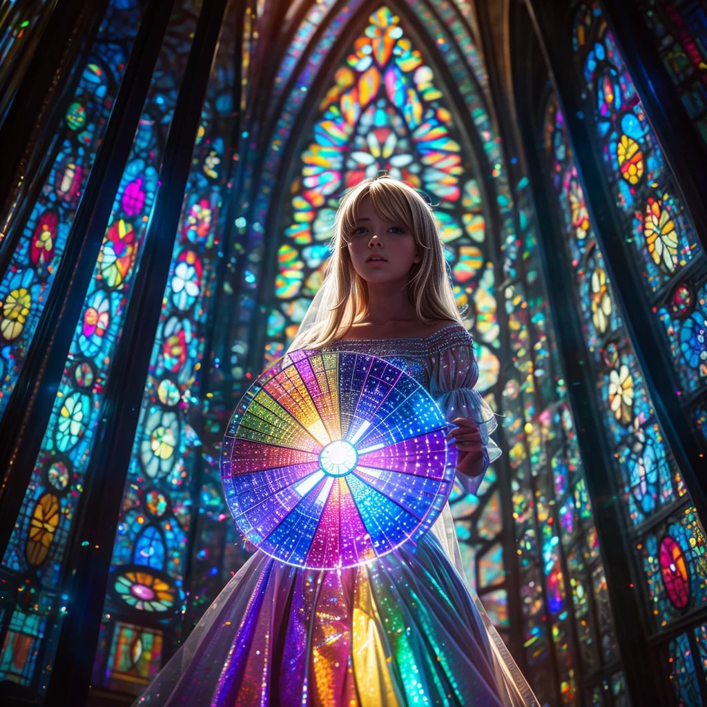 (Cathedral from below:1.28) (ZoomLayer) TopQuality 8K masterpiece of ((Professional photo)), (((Clarisse de Cagliostro))) (Detailed White WeddingDresses), Chain, (((Extremely detailed KAWAII face))) {((VeiledFace))|BlondeHair|(Elaborate BuleEyes)with(SparklingHighlights:1.28)}, The background is distant (((Elaborate stained glass))) Rainbow Glass, {(MysticSight)|EnchantingAtmosphere|Haze|(GodRays)|TyndallEffect}, Radiant PearlSkin with Transparency, (Exposed:0.39)