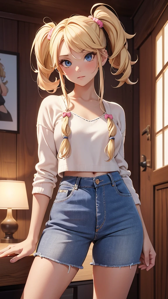 (masterpiece), (4k), ) (vivid colors), (evening light) 16 year old blonde woman, two bobble pigtails, dressed like a teenager with a seductive pose and look, flat chest, wears short jeans and sexy wool top