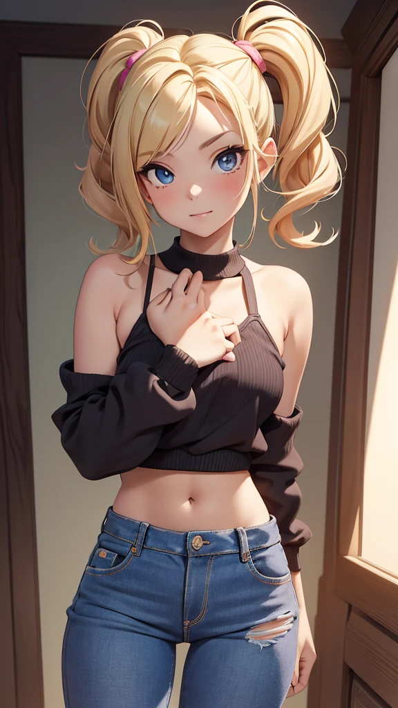 (masterpiece), (4k), ) (vivid colors), (evening light) 16 year old blonde woman, two bobble pigtails, dressed like a teenager with a seductive pose and look, flat chest, wears short jeans and sexy wool top