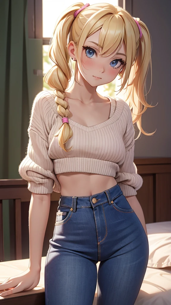 (masterpiece), (4k), ) (vivid colors), (evening light) 16 year old blonde woman, two bobble pigtails, dressed like a teenager with a seductive pose and look, flat chest, wears short jeans and sexy wool top