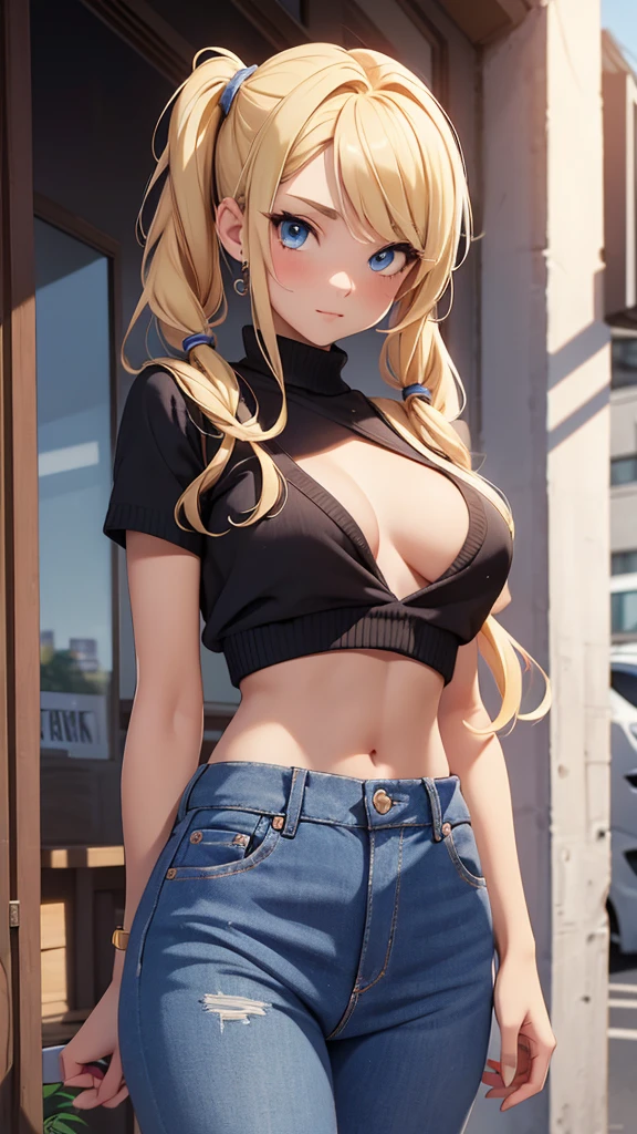 (masterpiece), (4k), ) (vivid colors), (evening light) 16 year old blonde woman, two bobble pigtails, dressed like a ager with a seductive pose and look, flat chest, wears short jeans and sexy wool top